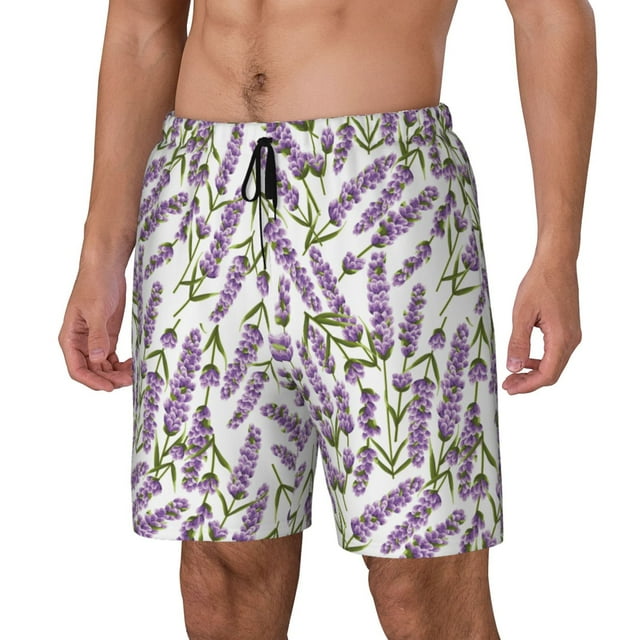 Bingfone Lavender Flowers for Men's Double Layer Swimming Trunks with Lining, Drawstring Style with Pockets Beach Shorts Men's Swimsuit-3X-Large