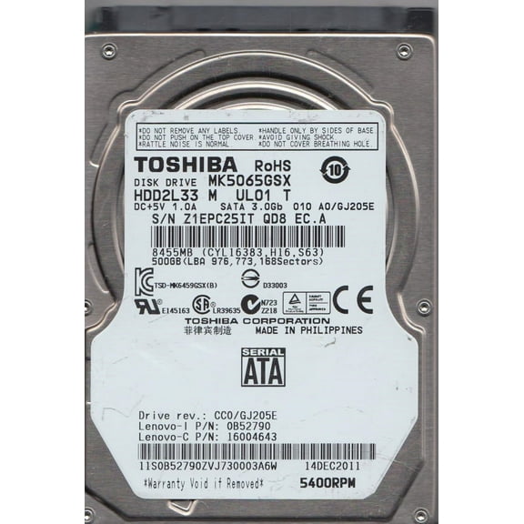 MK5065GSX, A0/GJ205E, HDD2L33 M UL01 T, Toshiba 500GB SATA 2.5 Hard Drive