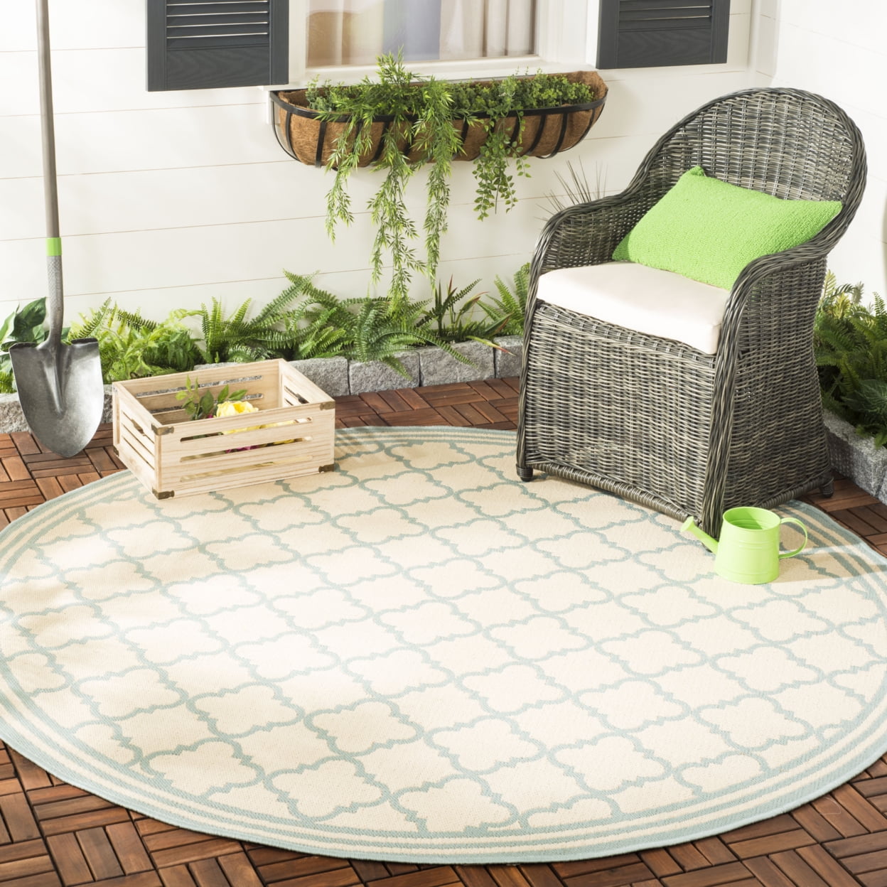 SAFAVIEH Beach House Nima Trellis Indoor/Outdoor Area Rug Cream/Aqua, 6'7" x 6'7" Square