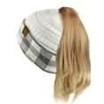 thumbnail image 2 of C.C BeanieTail Cable Knit Messy High Bun Ponytail Cuff Beanie Hat, Buffalo Checkered White/Light Melange Gray, 2 of 4
