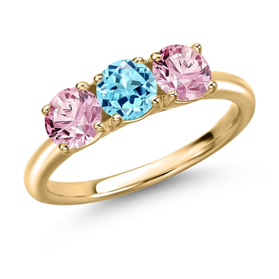 Gem Stone King 10K Yellow Gold Blue Apatite and Pink Lab Grown Diamond Engagement Ring for Women | 1.50 Cttw | Round 5MM | Gemstone Birthstone | Size 5