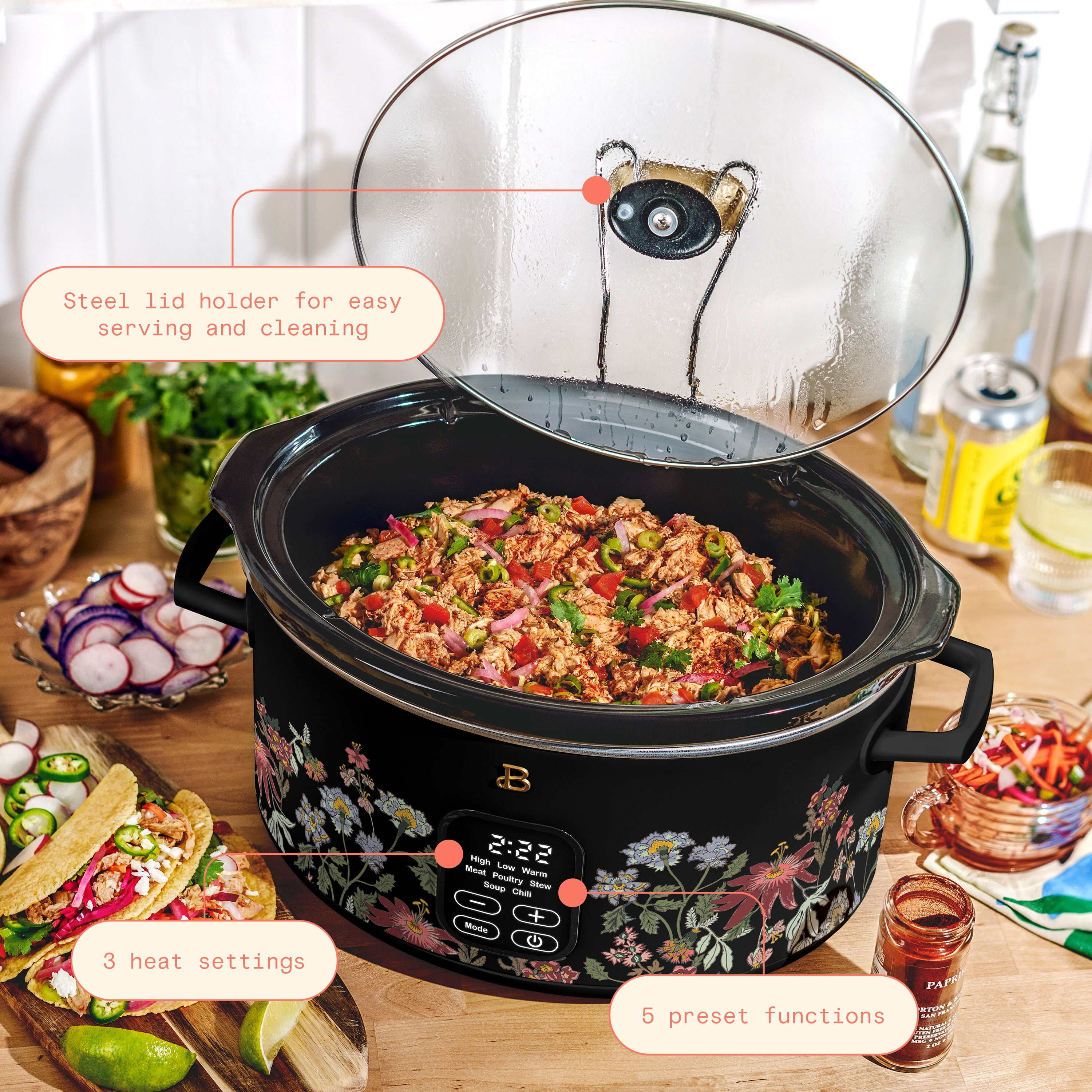 Beautiful 6 Qt Programmable Slow Cooker, Wildflower Black Sesame by Drew Barrymore