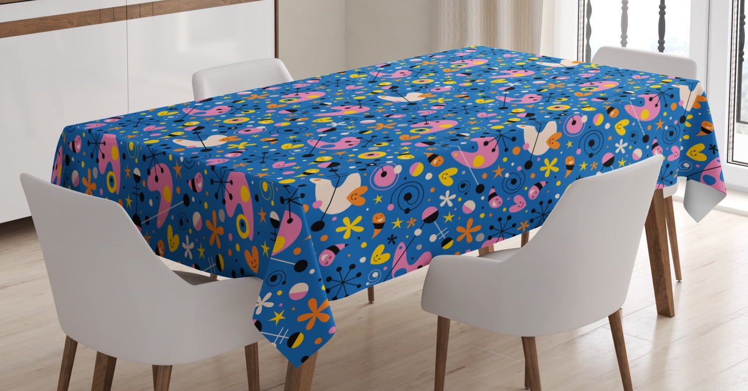 Retro Tablecloth, Funky Groovy Cartoon with Abstract Elements and