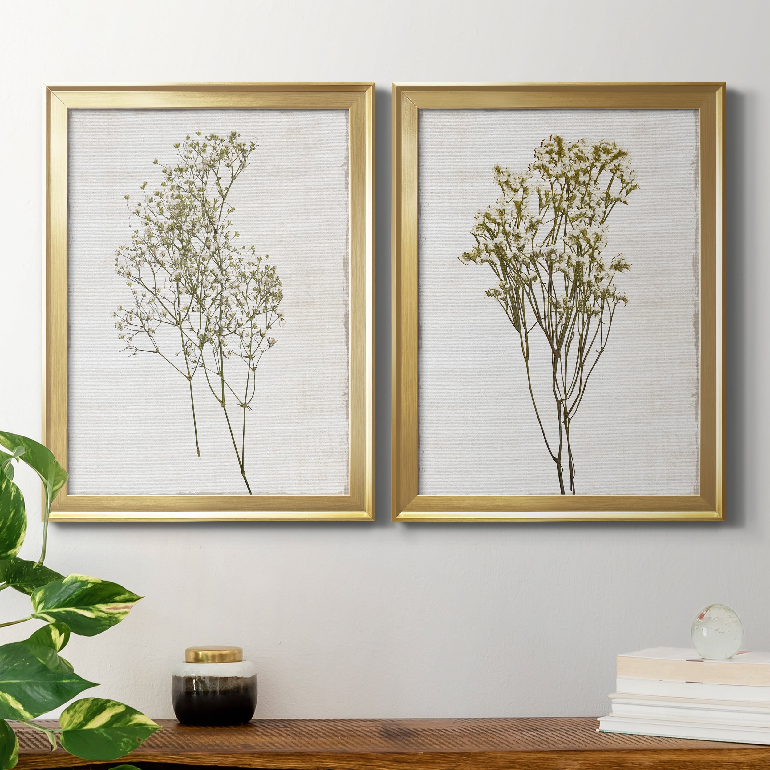 2 Piece Set Farmhouse Pressed Flower I Premium Framed Canvas - Ready to Hang - 22.5 x 30.5 Each - Gold Frame