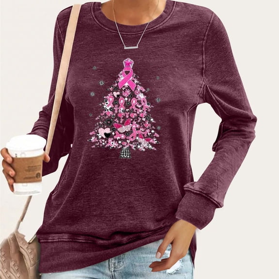 Homenesgenics Breast Cancer Awareness Shirts Plus Size for Women and Men Women Fashion Print Round Neck Long Sleeve T-Shirts Sweatshirts Red M