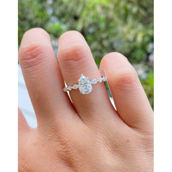 solitaire jewels 1.5CT Pear Moissanite Hidden Halo Engagement Ring For Women, 14K White Gold Plating Over Silver, D Color VVS Clarity