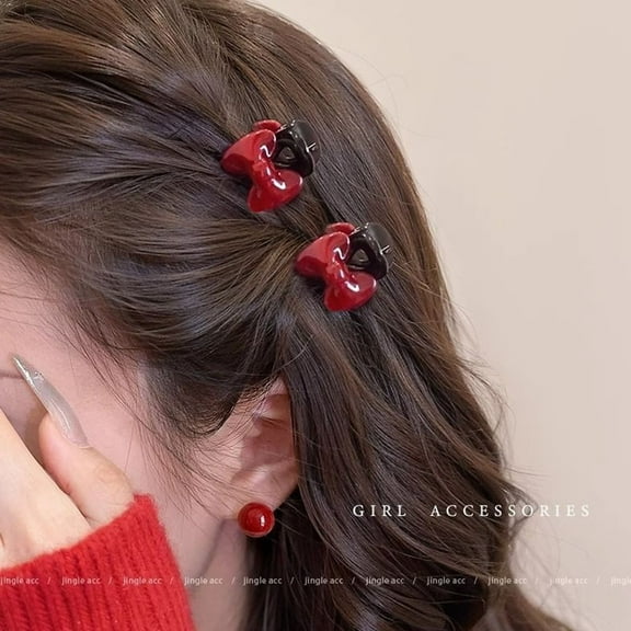 Red Heart Bow Hair Clip Small Hairpin Versatile Bangs Forehead Clip 1pc