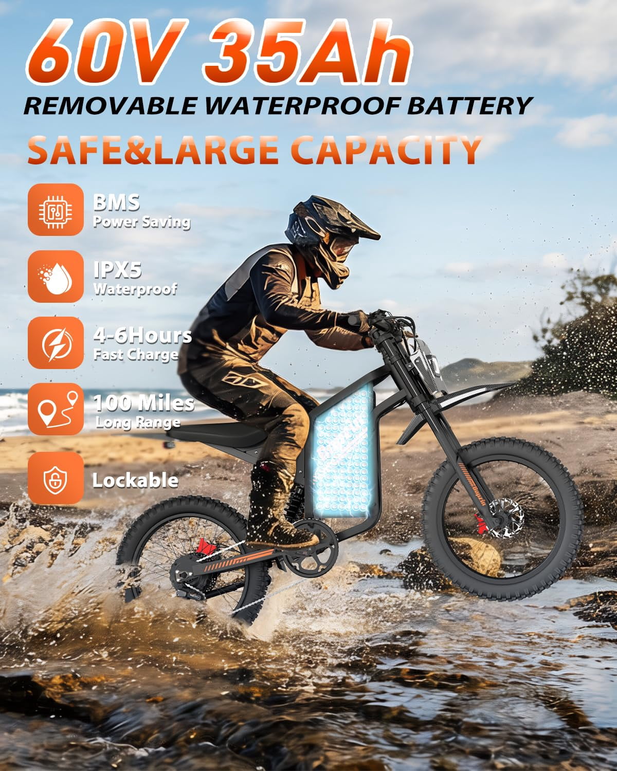 Electric Dirt Bike 3000W, 60V 35Ah Removable Large-Capacity Battery, Up to 100 Miles, Anti-Theft Alarm, 25"x3.0" Fat Tire Ebike with Hydraulic Brakes, UL2849 Certified eBike