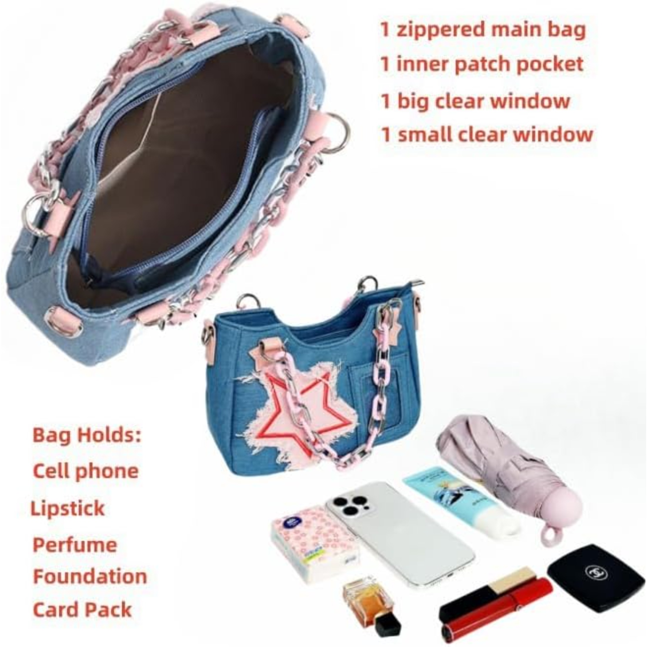 Denim Stars Kawaii Single Shoulder Crossbody Bag Ita Bag Y2k Chains Handbag Aesthetic Cute Crossbody Bag