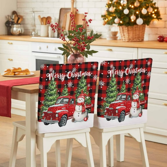 Merry Christmas Tree Chair Covers Set of 6 Truck Winter Snowman Red Black Plaid Chair Back Covers Stretch Removable Washable Slipcovers Protector for Dining Room Kitchen Party Decor