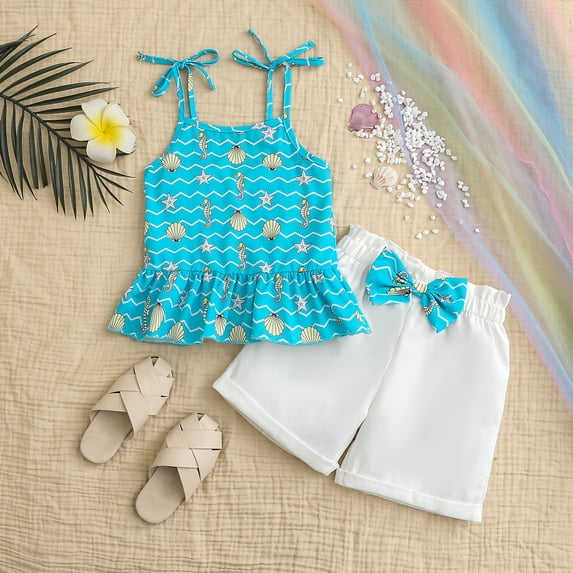 Tiweut Outfit Girls Summer Toddler Sleeveless Floral Print Slip Vest and Bowknot Shorts Cloth Suit,4-5 Y
