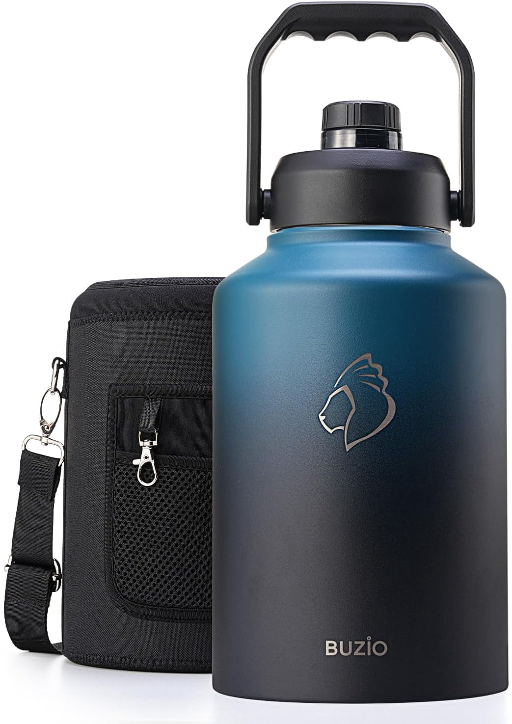 BUZIO 128oz One Gallon Insulated Large Stainless Steel Big Wide Mouth Water Jug Flask Water Bottle with Carrying Sleeve,Gradient Indigo Crush