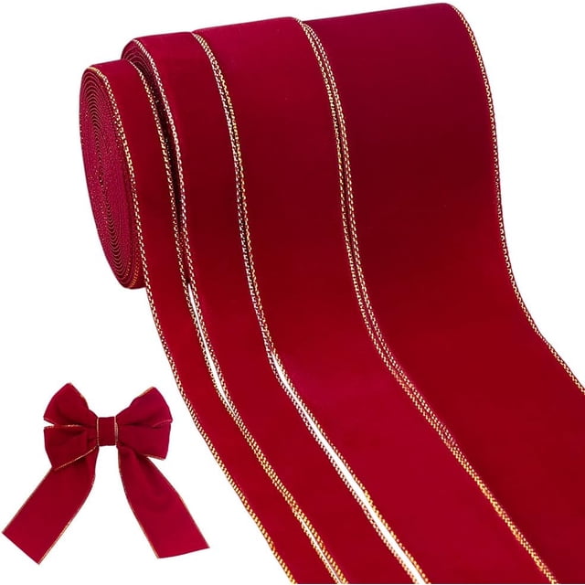 Cintas de terciopelo de 12 yardas, 4 tamaños, 3/8 pulgadas a 1-1/2 pulgadas, cinta navideña roja, cinta vintage para envolver con borde dorado