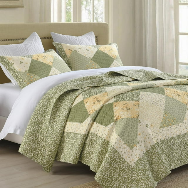Finlonte Colcha Floral De 120 X 120 Pulgadas, Tamaño King California, 100% Algodón, Colcha Acolchada Cal King, Reversible, Colcha Extra Grande, Colcha Xl, Color Verde/Crema, Blanco, 3 Piezas