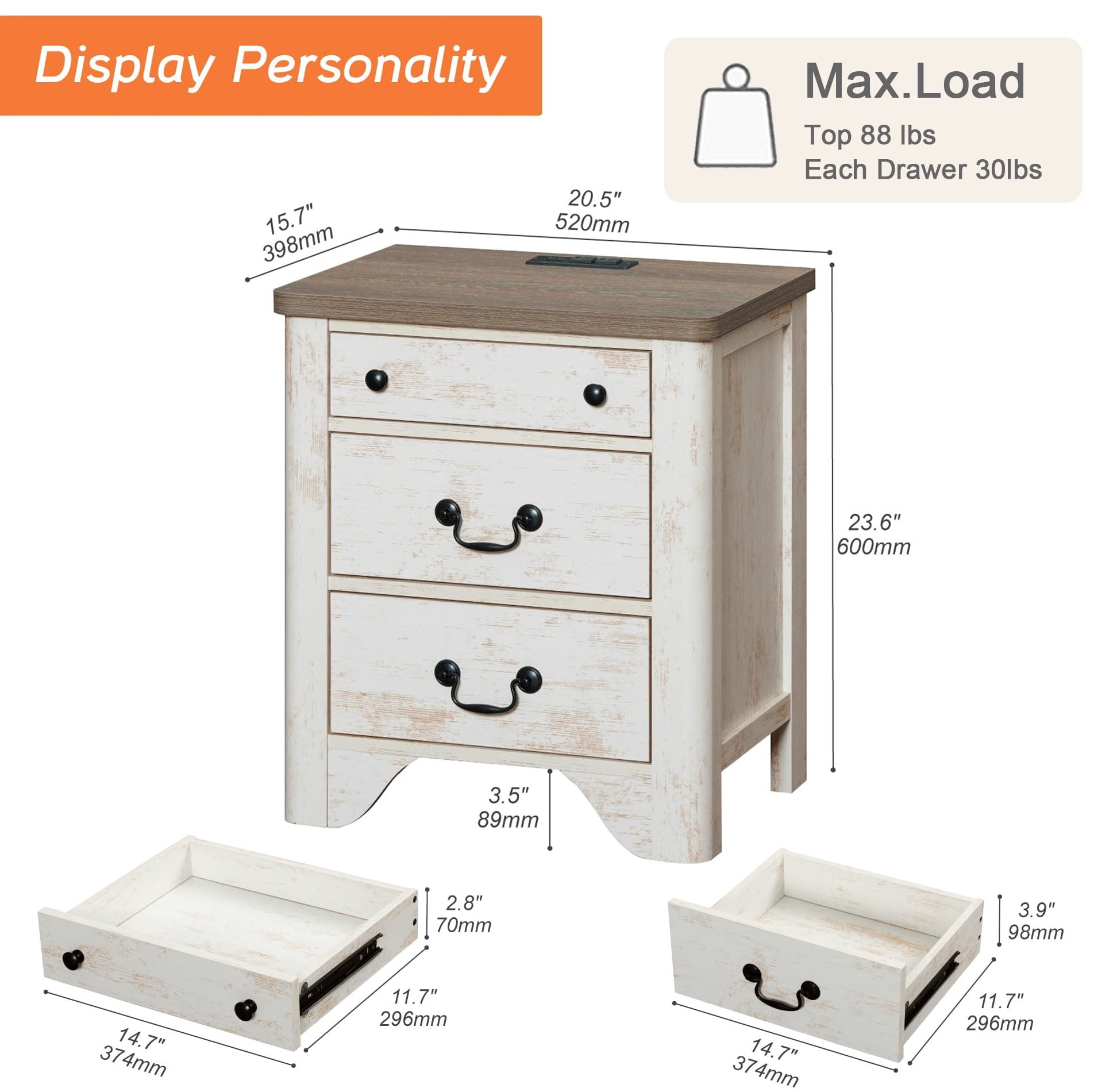Farmhouse Nightstand with Charging Station, 3-Drawer Night stand, Wood End Table for Bedroom, White