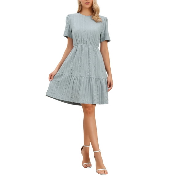 INSPIRE CHIC MIni Tiered Dress for Women's Crochet Boho Casual Short Sleeve Dresses XS Blue Gray