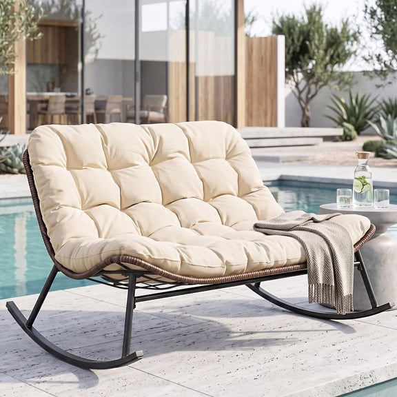 OMNIBERG Oversized Double Rocking Papasan Chair Outdoor, 2 Person Wicker Egg Loveseat Recliner, Extra Large Balcony Couch Egg Rocker for Patio, Balcony, Backyard