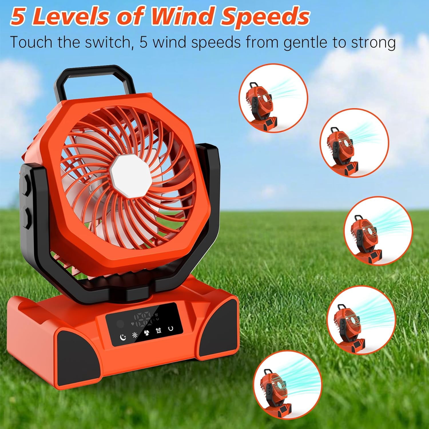 20000mAh Rechargeable Portable Camping Fan - Max 68 Hrs Runtime, Battery Operated with LED Lantern, 5 Speeds, 4 Timers. Desk Fan for Travel & Power Outages (Orange)