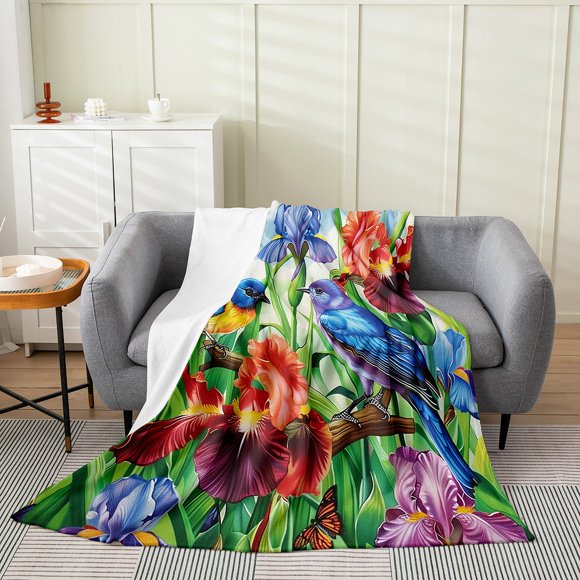YST Floral Hummingbird Throw Blanket Queen 90x90,Rustic Farmhouse Flowers Blanket Retro Watercolor Colorful Irises Fleece Blanket for Kids Adults,Country Garden Style Bed Blanket Soft Warm