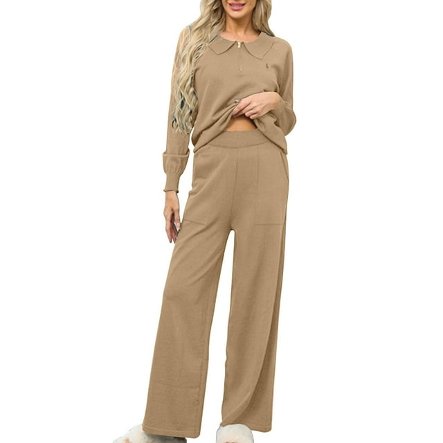 Timegard Ensemble 2 Pcs pour Femmes Manches Longues Fermeture Éclair Col Rond Hauts Pantalons Larges avec Poches