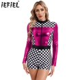 thumbnail image 2 of Mono de corredor para mujer, traje de Cosplay, traje de porristas, pantalones cortos con estampado de tablero de ajedrez, mono de conductor de coche de carreras, 2 of 5