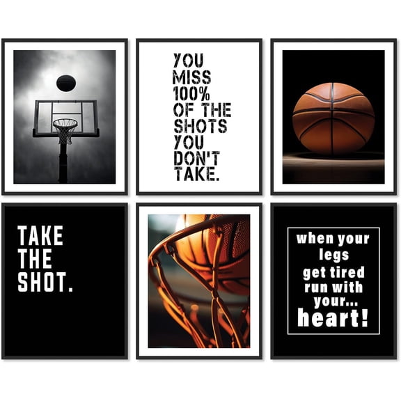 Baskwtball Wall Art with Inspirational Quote, Black & White Wall Decor Sports Poster Playful Teen Boy Room Decor, 8×10 in Unframed