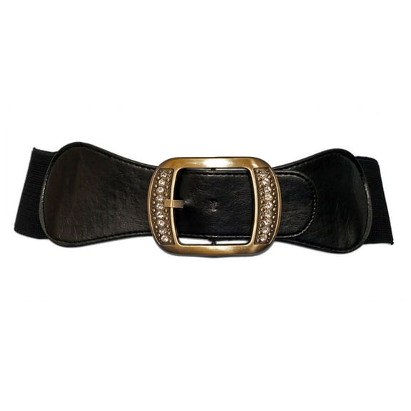 eVogues Plus Size Rhinestone Studded Burnished Buckle Elastic Belt Black