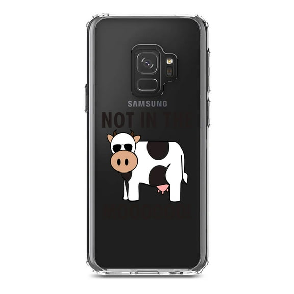 DistinctInk Clear Shockproof Hybrid Case for Samsung Galaxy S9 (5.8" Screen) - TPU Bumper Acrylic Back Tempered Glass Screen Protector - Not in the MOOOOOOD! Cow