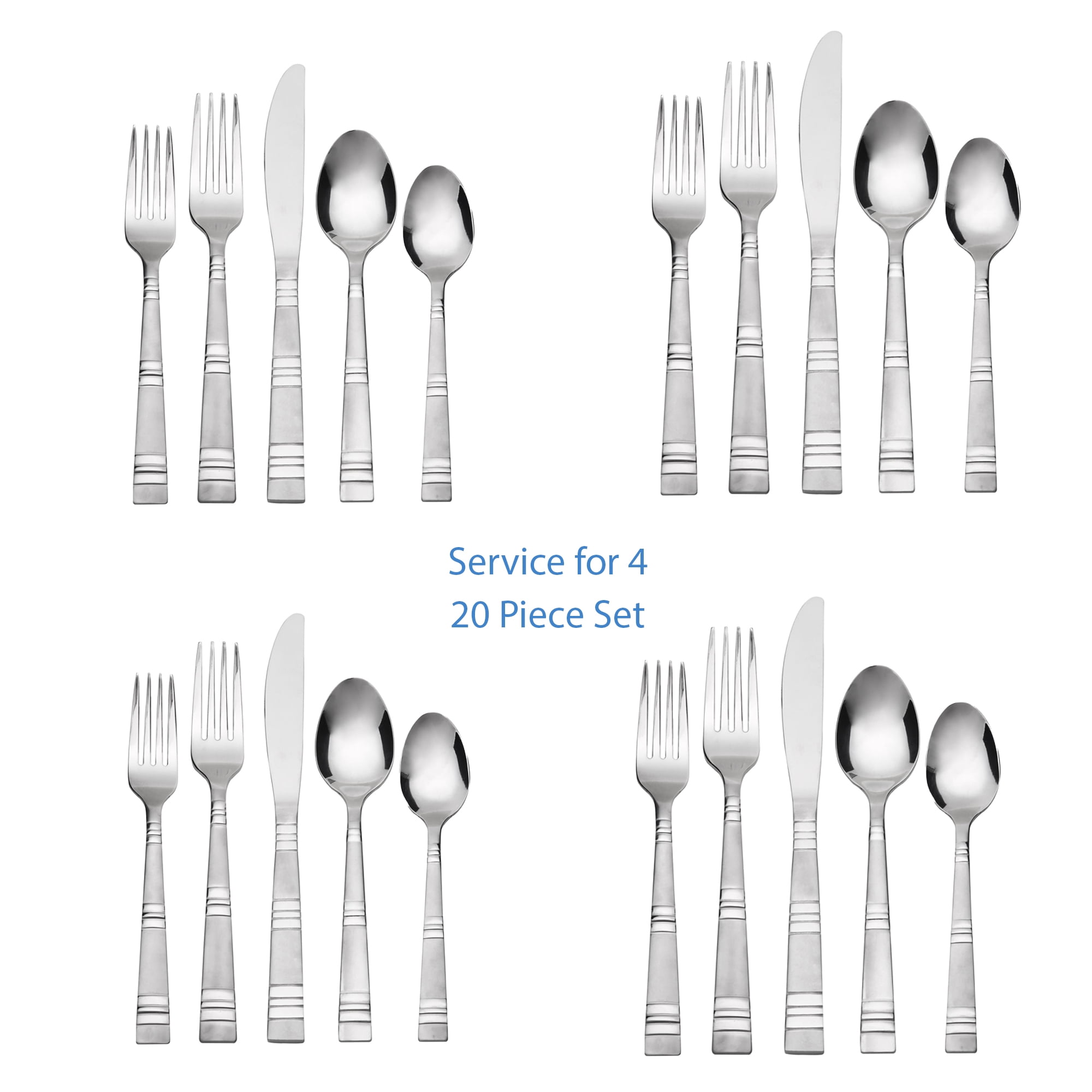 Mainstays Ashton Square 20 Piece Stainless Steel Flatware Set, Silver Tableware
