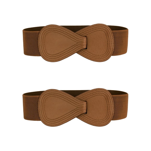 Cinturón elástico de cuero sintético con hebilla en forma de 8 Inspire Chic de 2 piezas para dama 39.4x2.36" (LxW) Café