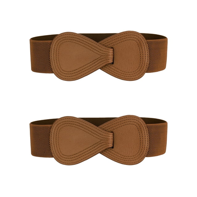 Cinturón elástico de cuero sintético con hebilla en forma de 8 de 2 piezas Inspire Chic para dama 27x2.36" (LxW) Café