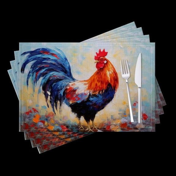 BaHomeck placemats Set of 4 Cute Colorful Rooster Cotton Linen rectangle Placemats for Kitchen Dining Table Indoor,Outdoor,18*12inch