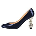 thumbnail image 2 of FSJ Women Classic Round Closed Toe Pumps Slip On Pearl Beadded Chunky High Heel Patent Leather Office Party Dressy Shoes Size 8 Navy, 2 of 4