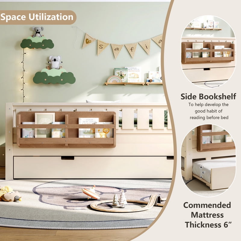 Full Size Low-Profile Kid's Platform Bed with Built-in Bookshelves & Small Staircase, Wooden Bed Frame with Safety Rails & Trundle
