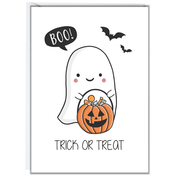 Cute Ghost Halloween Card with Pumpkin Basket – "Trick or Treat" Greeting – Blank Inside, Envelope Included – Perfect for Halloween Wishes and Celebrations