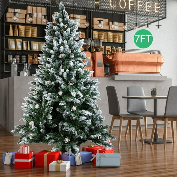 TKOOFN 7ft Green Snow Flocked Hinged Bushy Pine Christmas Tree with Pine Cones Holiday Xmas Outdoor