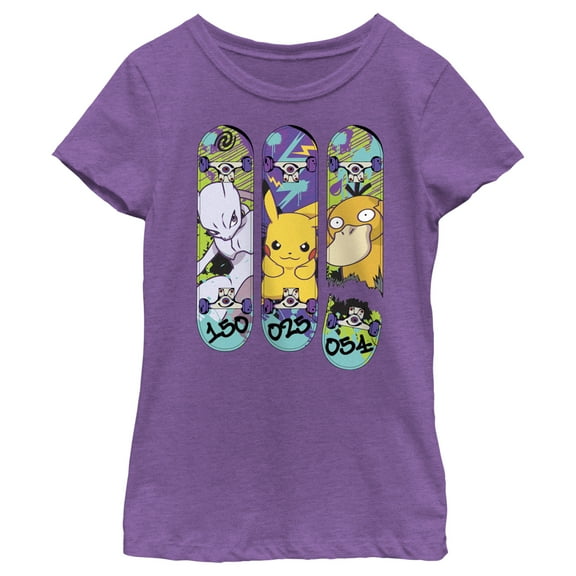 Girl's Pokemon Mewtwo, Pikachu, and Psyduck Skateboard Decks  Graphic Tee Purple Berry X Large
