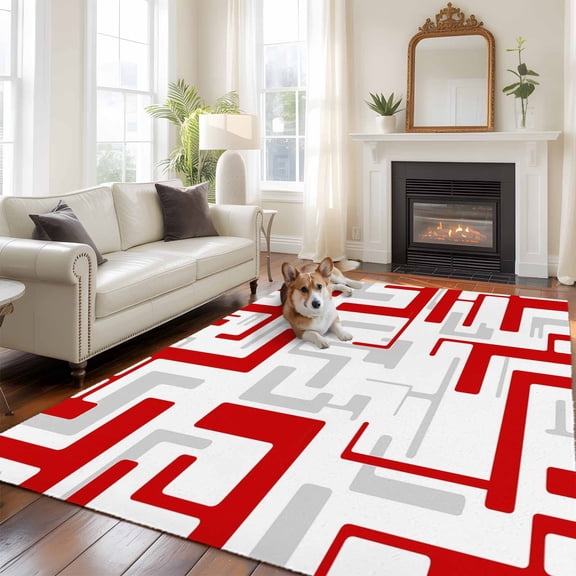 Red Gray Geometric Stripes Washable Area Rug 6x9 Modern Abstract Lines Maze Low-Profile Large Area Rugs with Non Slip Backing Indoor Floor Carpet for Entrance Living Room Bedroom Home Office