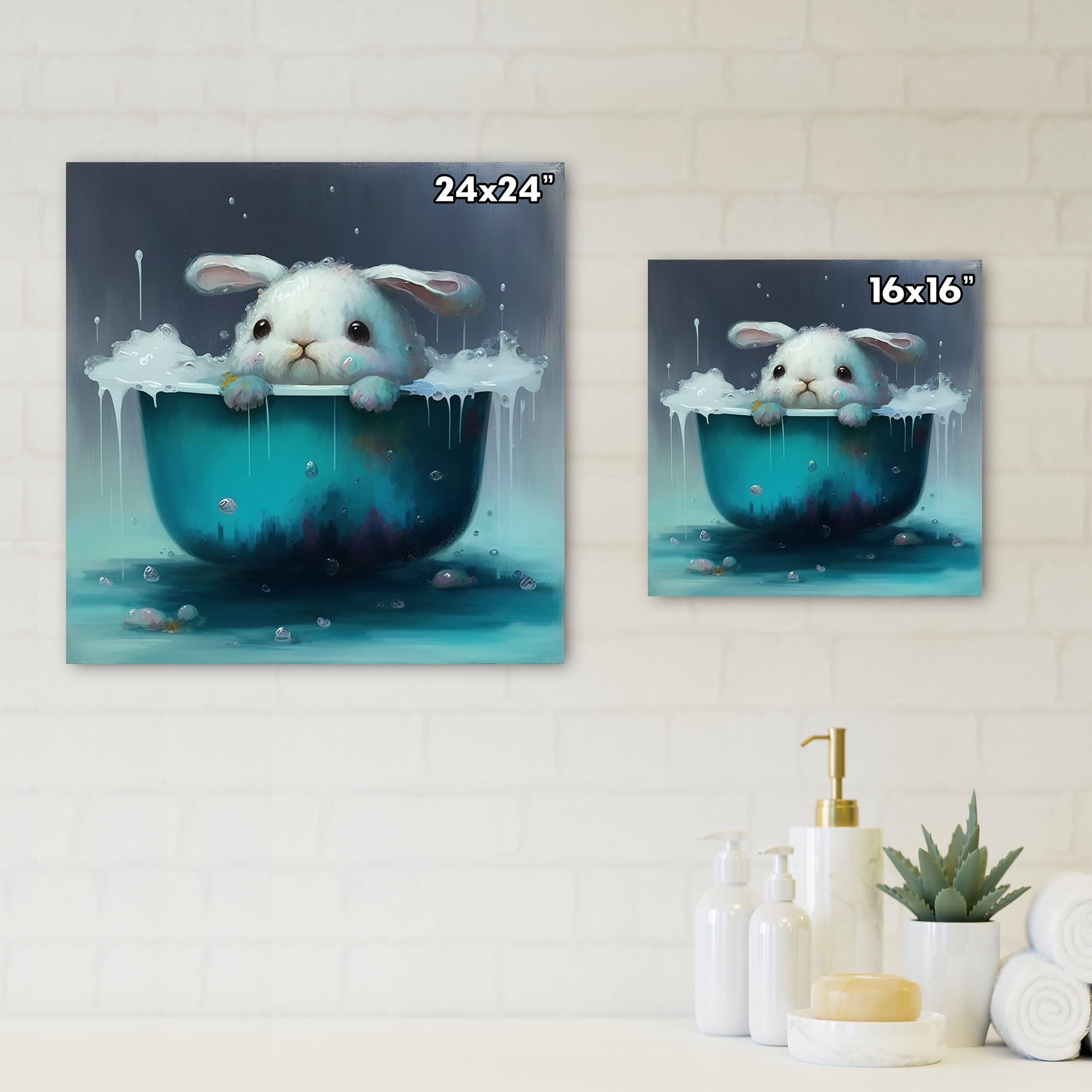 Designart Silly Blue Bunny Sitting On The Toilet Canvas Wall Art