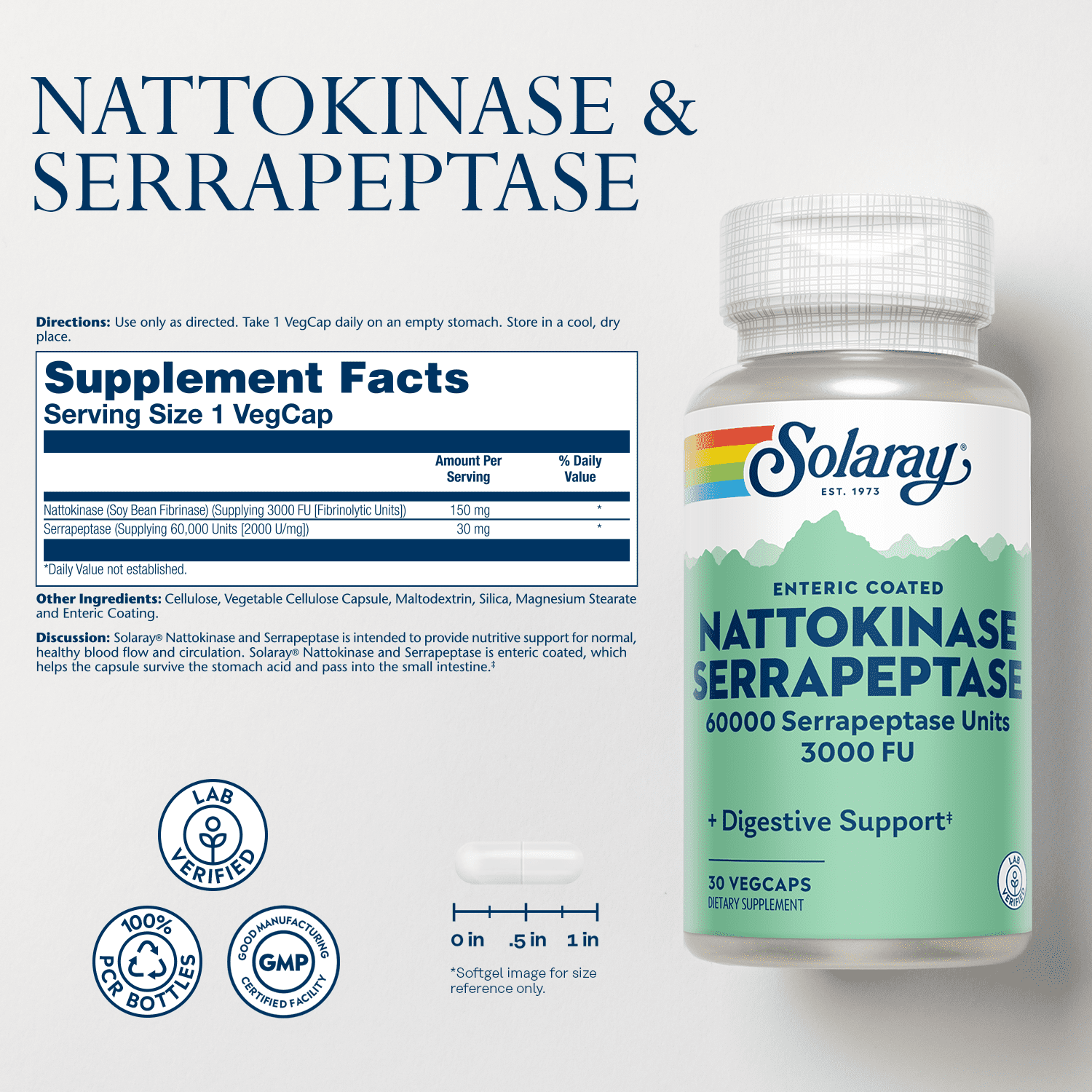 Solaray Nattokinase & Serrapeptase Supplement | 3,000 FU | Healthy Circulation, Blood Flow Support | 30 VegCaps