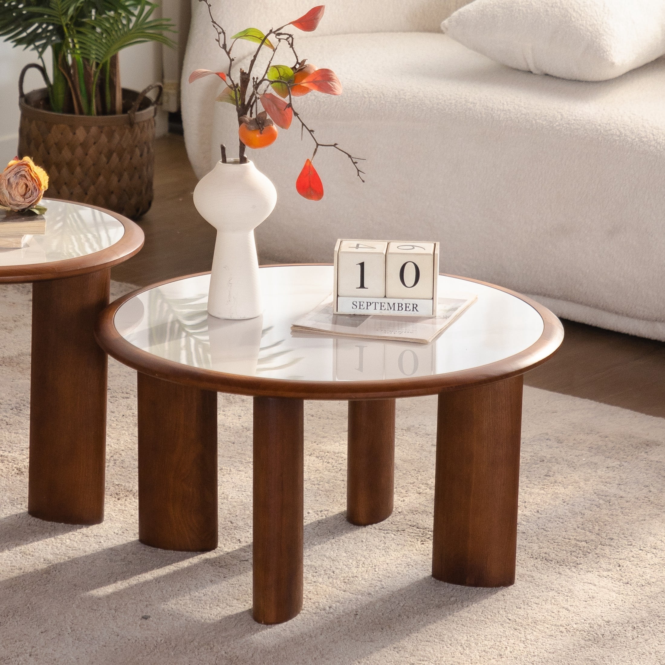 Noble House Ordis 27.76" Round Sintered Stone Coffee Table with Wood Veneer Frame & Cylindrical Legs, White & Walnut