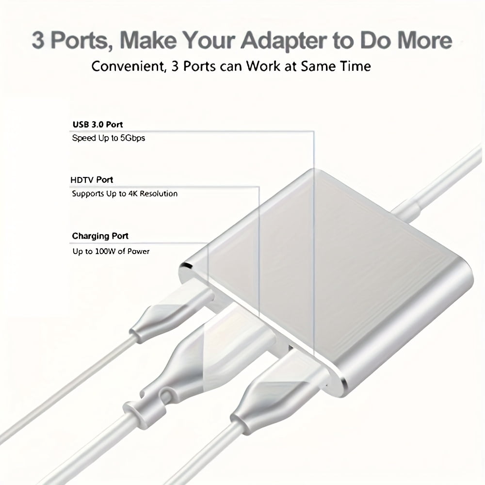 USB C Hub 3-in-1: 4K HDMI, 100W PD Charging, USB 3.0 for Laptop Tablet Phone Projector