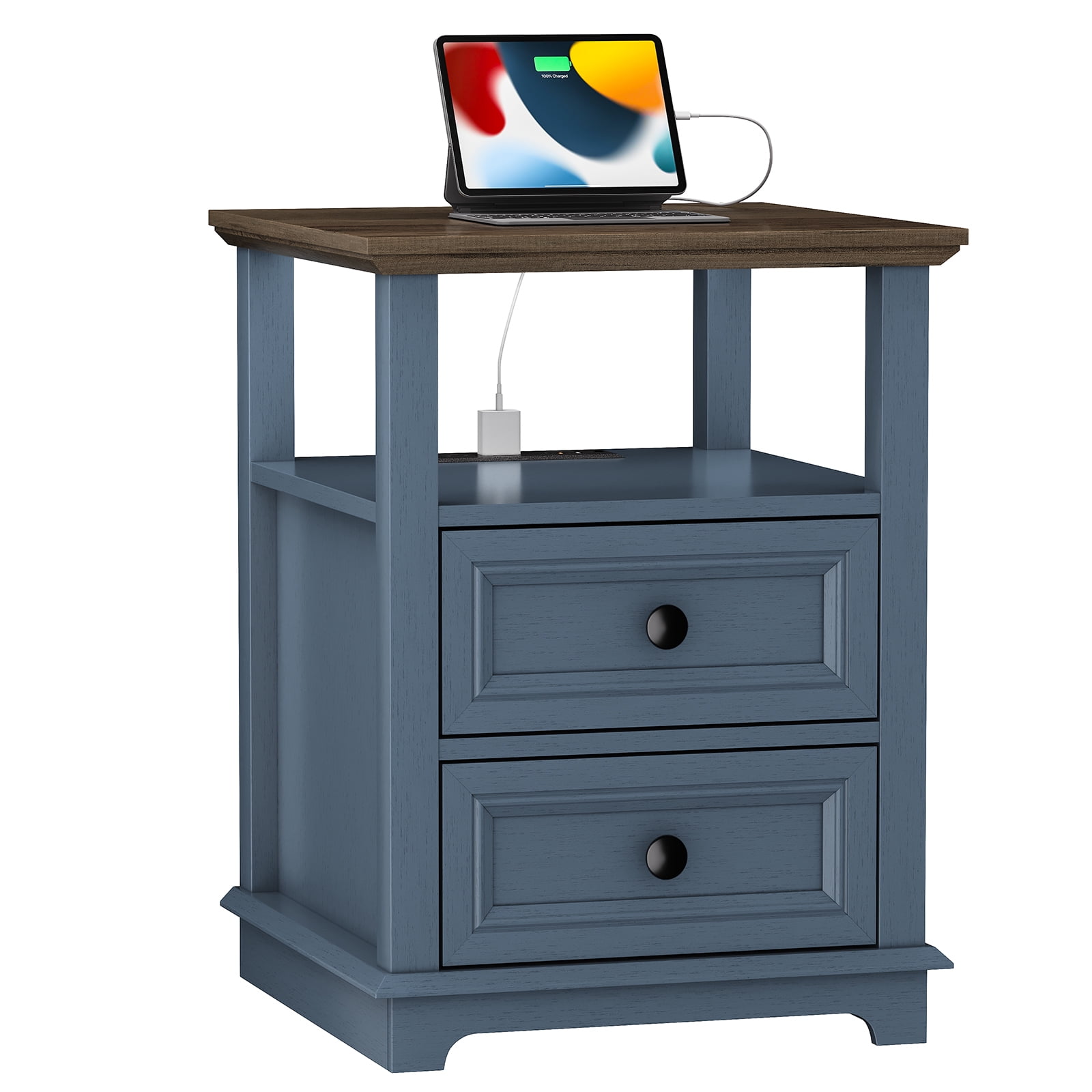 FAGAGA End Table with 2 Drawers for Living Room,Nightstand with Charging Station for Bedroom,Blue