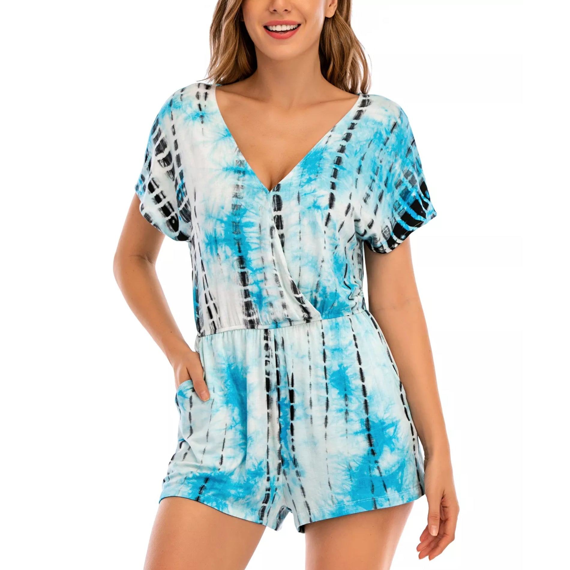 Lucky Brand Women's Tie Dye Wrap Front Side Pockets Romper Swim Cover