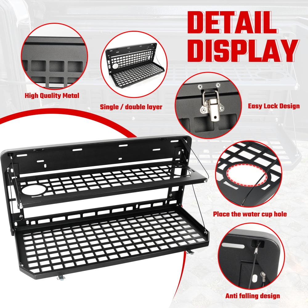 2-Tier Tailgate Table Rear Foldable Storage Cargo Rack Outdoor Camping Desk Fits for 2007-2022 Jeep Wrangler JK&JL 4 Door (Not Fit JK Models with Stock Subwoofer)