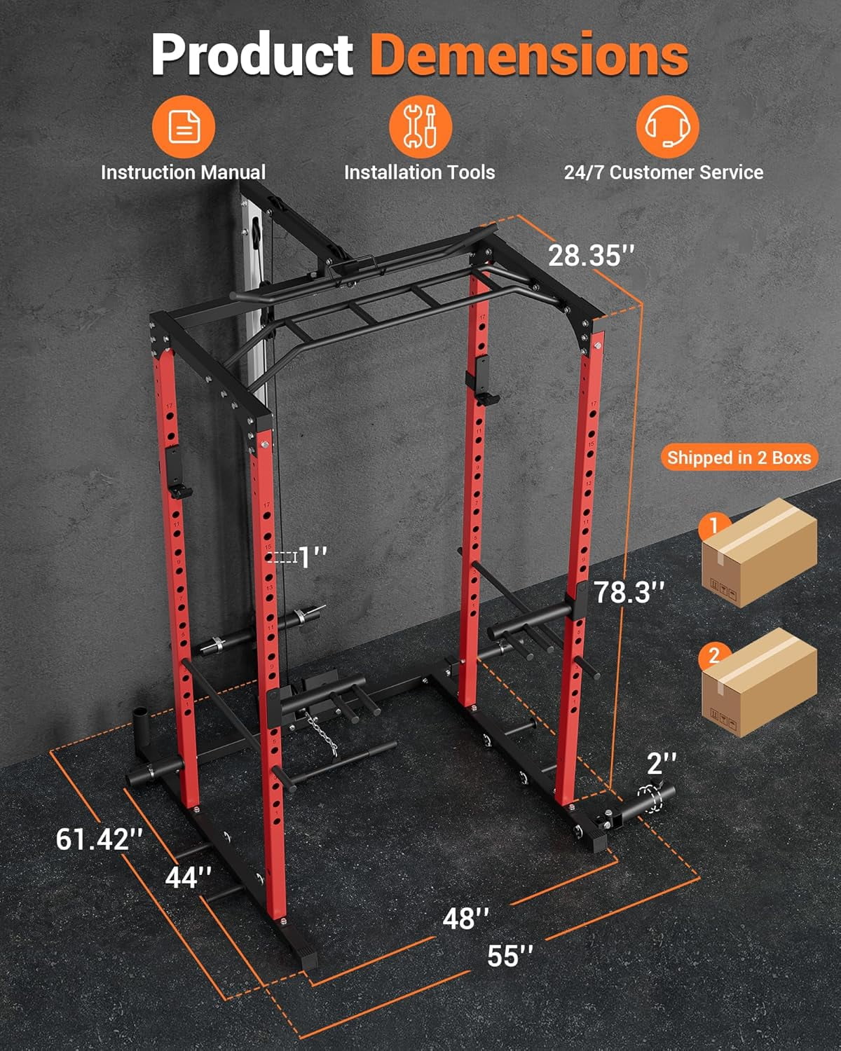 Memoryfield Power Cage Squat Rack with LAT Pulldown & Low Row, 1200 lb Capacity Home Gym Power Rack with Cable Pulley, Pull-Up Bar, Dip Bars & Landmine Attachment