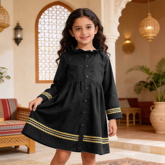 FYDUU Robes d'Été pour Filles, Robe Abaya à Manches Longues avec Broderie, Robe Midi Décontractée pour Fête, Robe d'Été 3-4 Ans