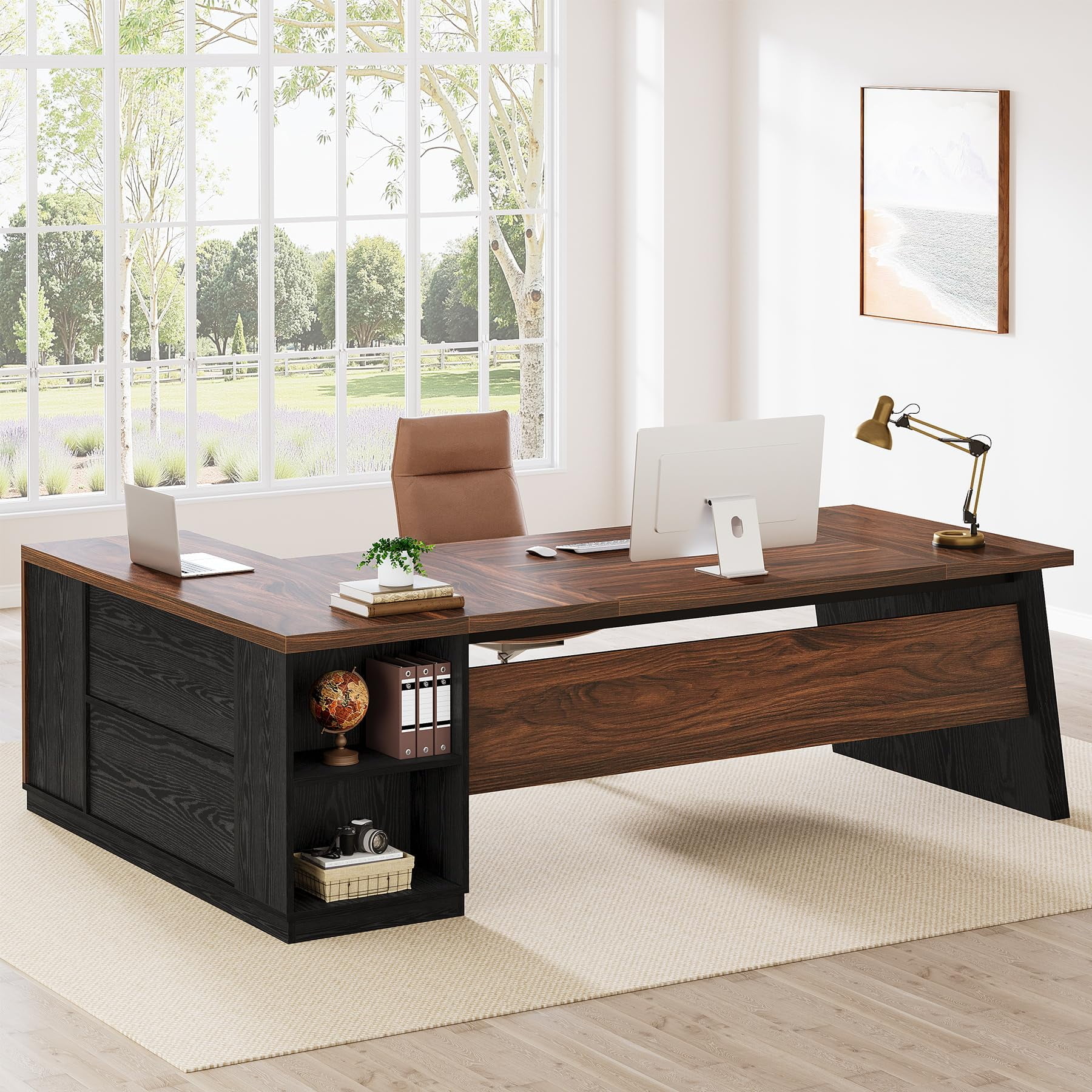 Tribesigns 78" L Shaped Executive Desk with Drawers, Large Office Computer Desk with Shelves, Modern Corner Table for Home Office (Black & Brown)