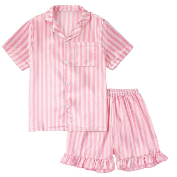 CUZIBR Toddler Girls Home Outfits Classic Striped Short Sleeve Button Doen Turndown Collar Blouse Tops Shorts Casual Summer Breathable Cozy Ruffles Trim 2 Piece Clothes,Pink,7-8 Years