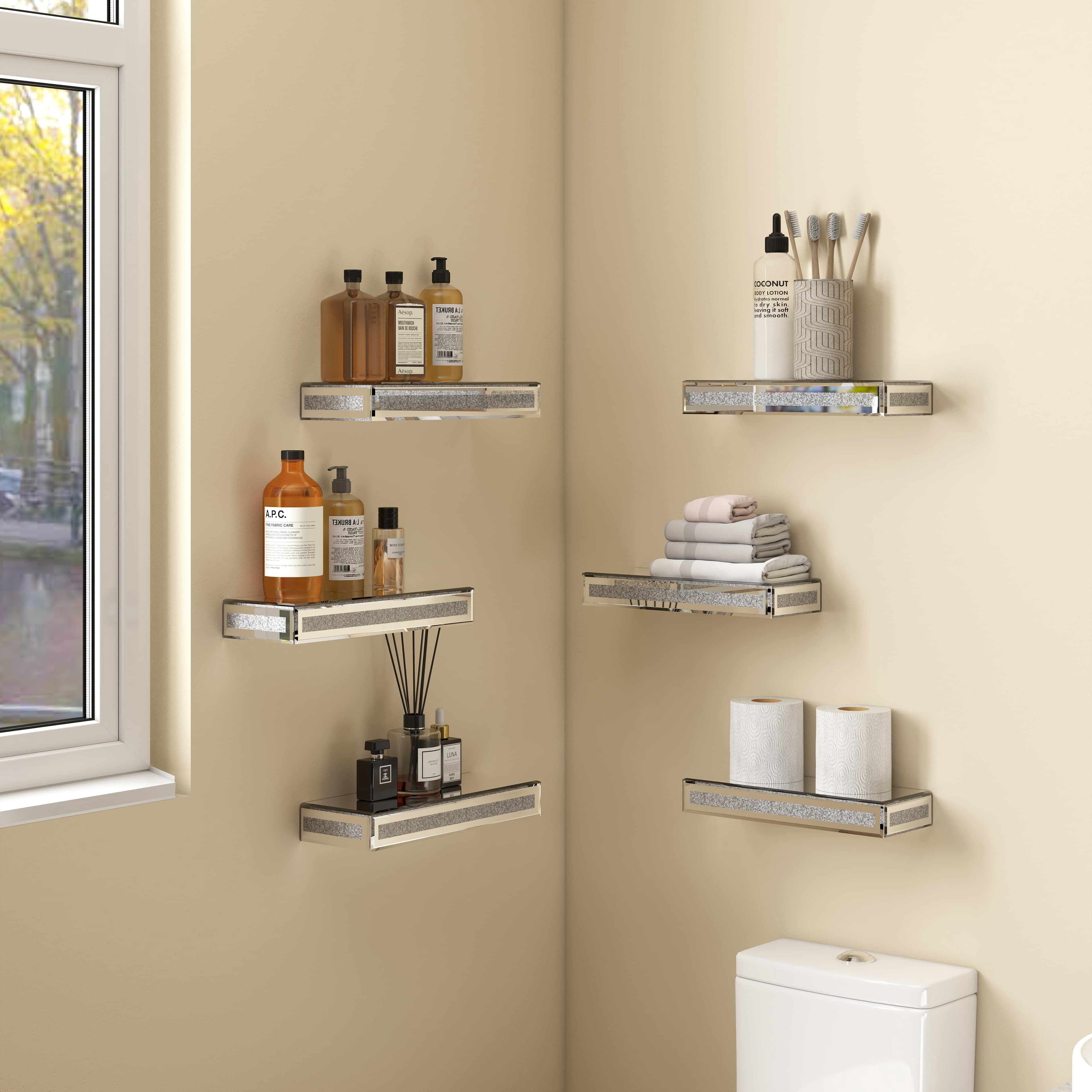 SHYFOY Mirrored Floating Shelves for Wall Decor Storage, Glitter Glass Wall Mounted Shelves for Bedroom, Living Room, Bathroom, Kitchen, Office and More, Set of 6, Silver